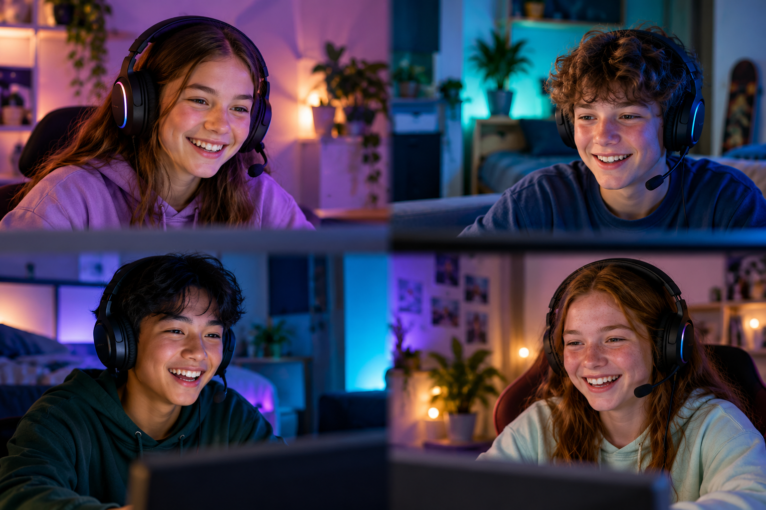 Four young people connecting through online gaming from separate locations