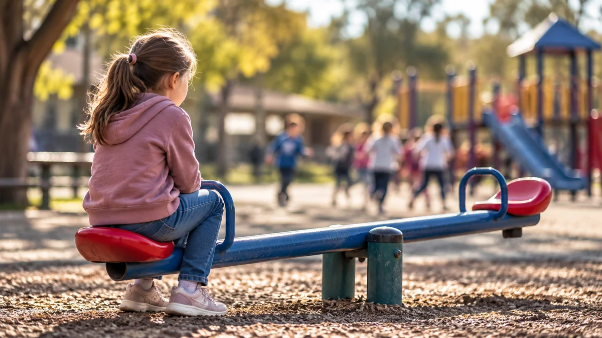 A girl sitting alone on a seesaw while other children play together in the background.