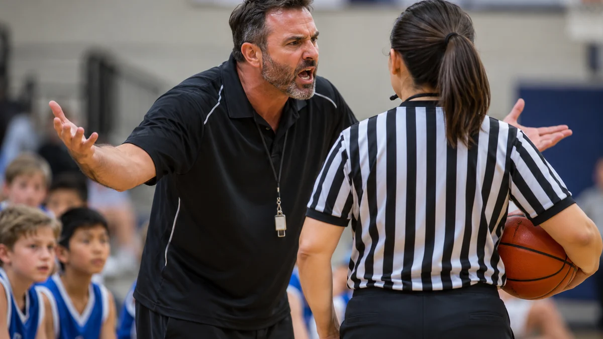 Illustration of a junior basketball coach arguing with a referee while young players watch from the sidelines.