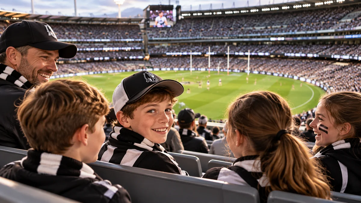 Children enjoying an Australian rules football match together with a supportive adult in a family-friendly seating area.