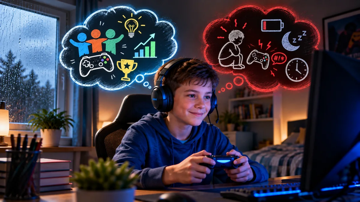 A child enjoying a video game with illustrations representing the benefits and potential risks of gaming.