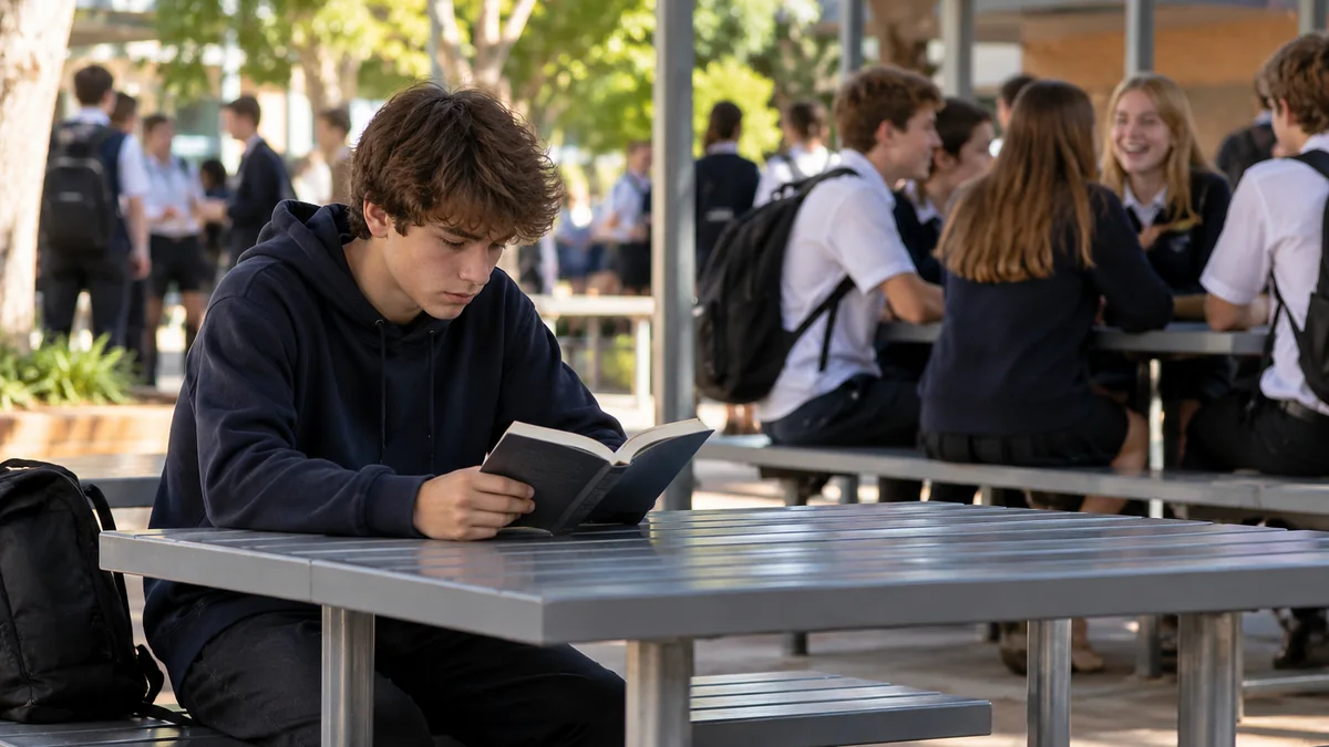 Teenager reading a book alone during school lunchtime while other students socialise nearby.