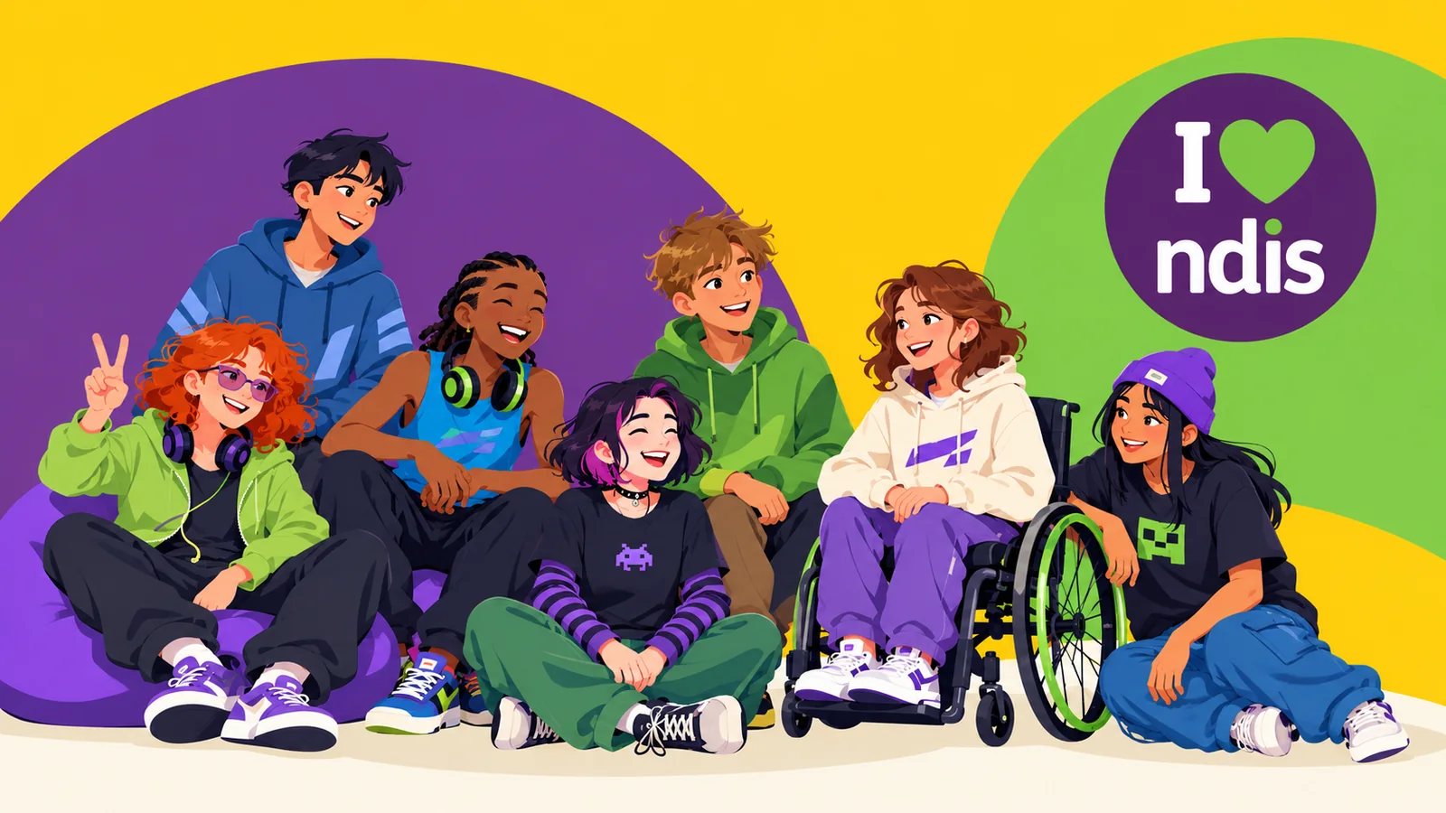 Illustration of a diverse group of children and teenagers, including a wheelchair user, enjoying time together, with an I love NDIS graphic.