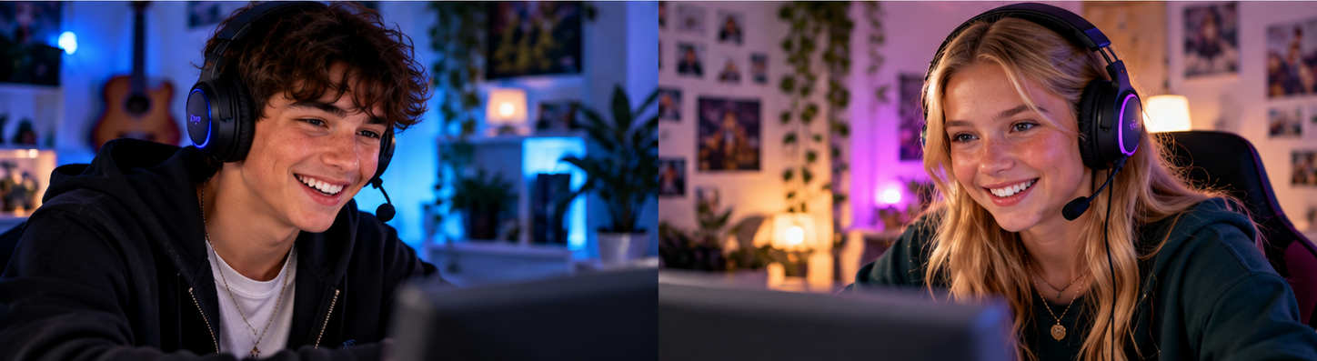 Two teenagers enjoying an online gaming session from separate locations.