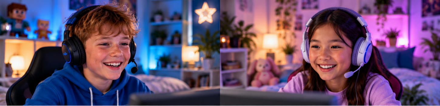 Two younger children enjoying an online gaming activity from separate homes.